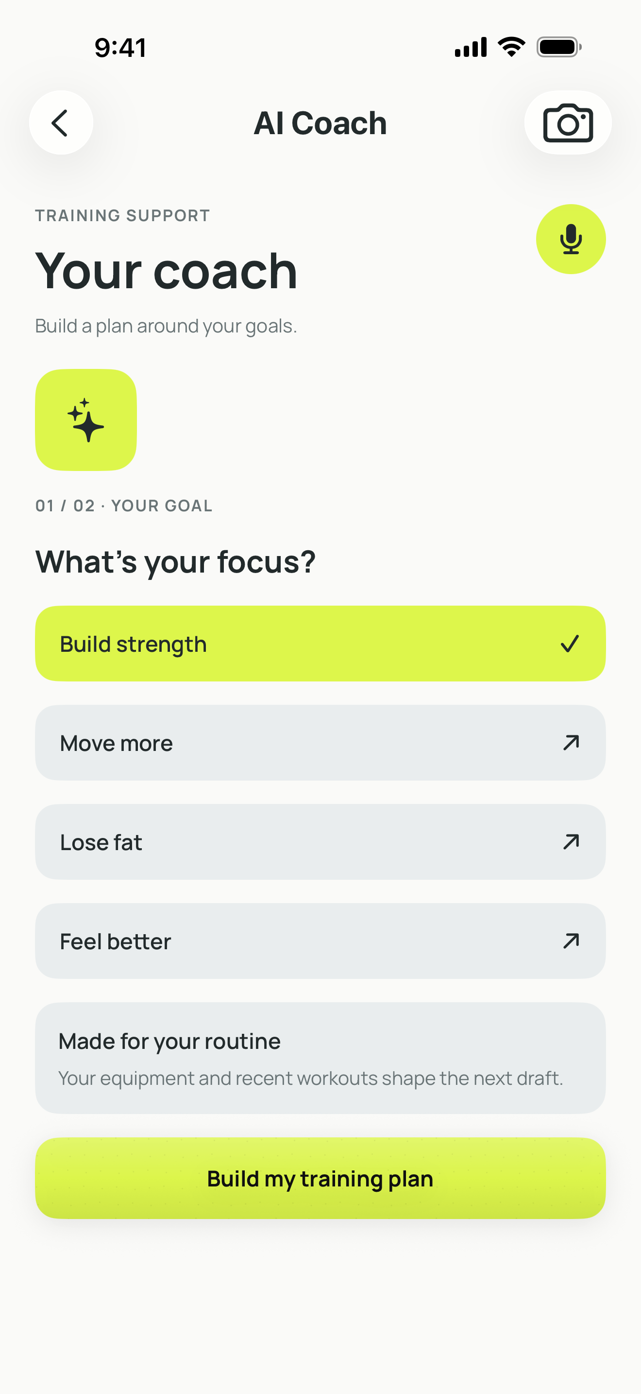 Current BodyNorth AI Coach screen with selectable training goals