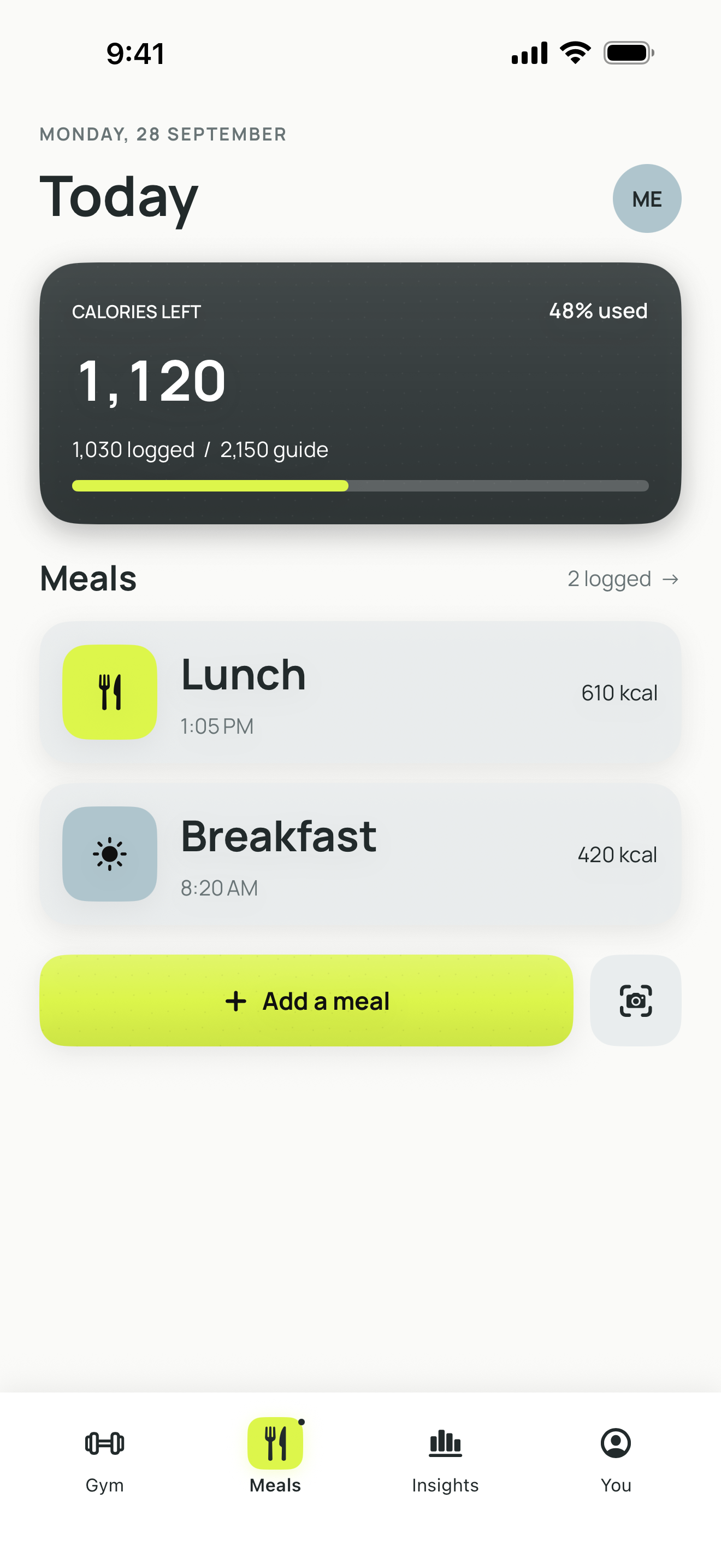 Current BodyNorth Meals screen showing a daily calorie guide and two logged meals