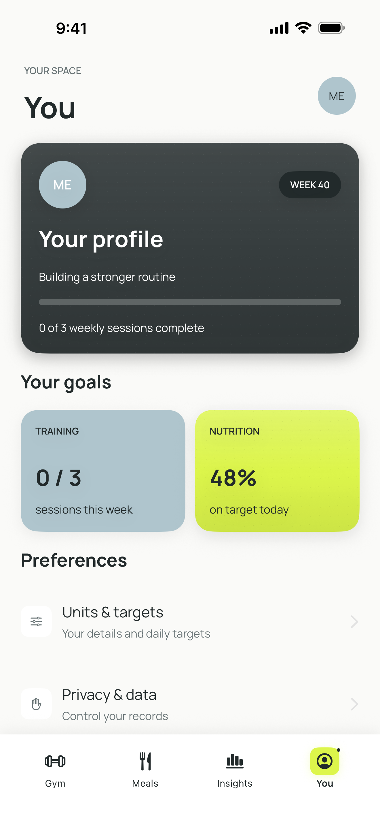 Current BodyNorth You screen with profile, weekly goals and preferences